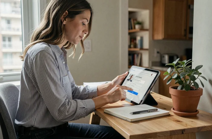 Jeune enseignante accédant au webmel ac-creteil depuis une tablette à son domicile dans un espace de télétravail
