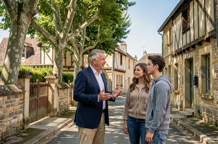 Agent immobilier présentant une propriété à vendre à un couple dans un village de Charente