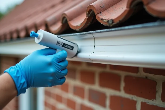 Application de mastic sur le joint d'un cache moineau en PVC fixé sous une toiture en briques