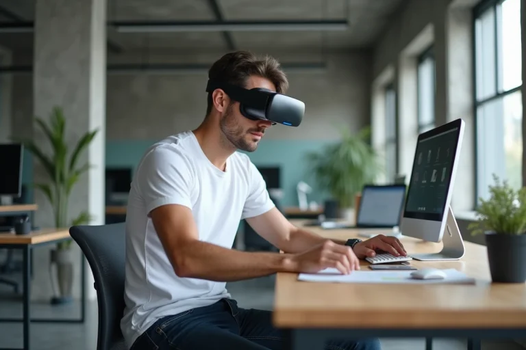 Homme portant un casque de réalité augmentée dans un espace de travail tech moderne et minimaliste