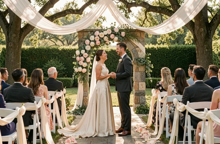 Mariés échangeant leurs alliances lors d'une cérémonie en plein air décorée de fleurs et de rubans blancs dans un jardin élégant