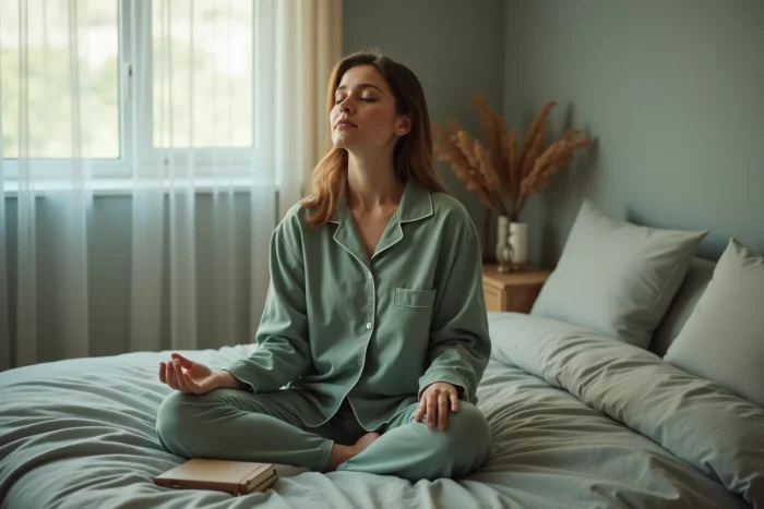 Une femme adulte assise en méditation sur son lit, téléphone retourné à côté d'elle, illustrant le choix de cesser de chercher la validation parentale
