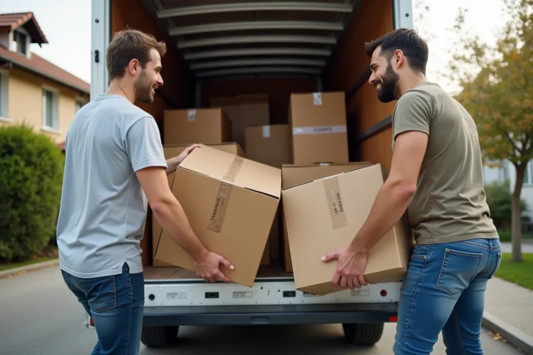 Couple chargeant des cartons dans un camion de déménagement de 4m3 devant une maison pavillonnaire