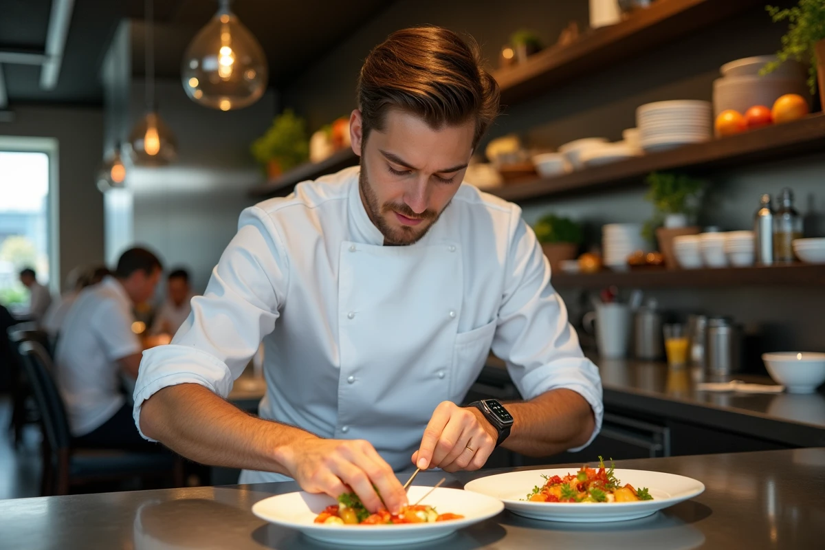 Jeune chef en cuisine préparant une assiette avec soin