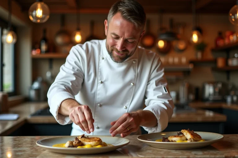 Chef français en blanc dressant un poulet au vin jaune