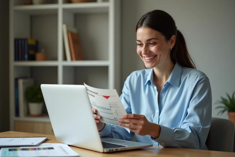 Femme utilisant des chèques vacances ANCV sur un site de réservation Air France depuis un bureau à domicile
