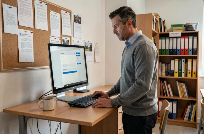 Personnel éducatif consultant sa messagerie académique ac-creteil sur un ordinateur de bureau en salle des professeurs