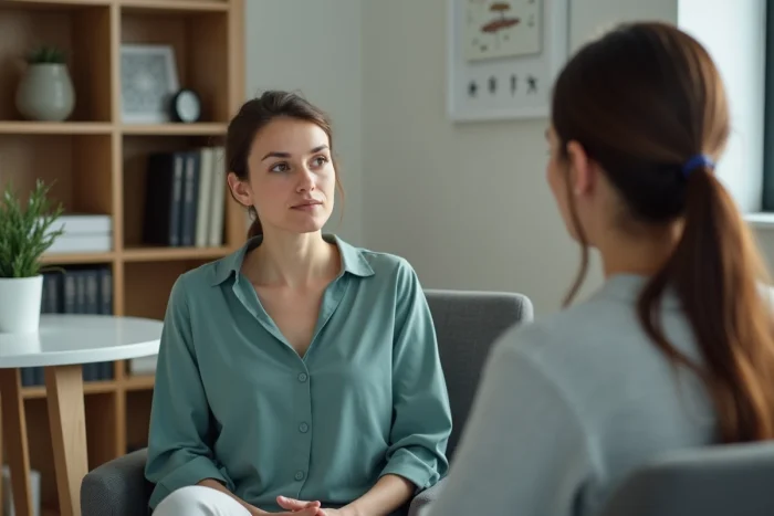 Une femme adulte en séance avec une psychologue dans un bureau de thérapie moderne et calme, illustrant la consultation d'un spécialiste des dynamiques familiales