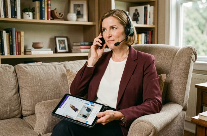 Femme d'âge mûr contactant le service client d'une boutique de mode par téléphone depuis son salon avec une tablette affichant le site de la boutique