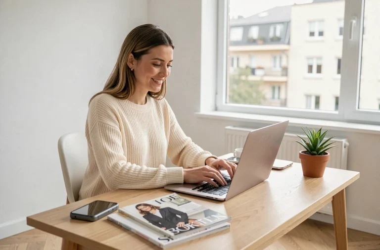 Femme contacting le service client d'une boutique de mode en ligne depuis son bureau à domicile avec un ordinateur portable et un smartphone