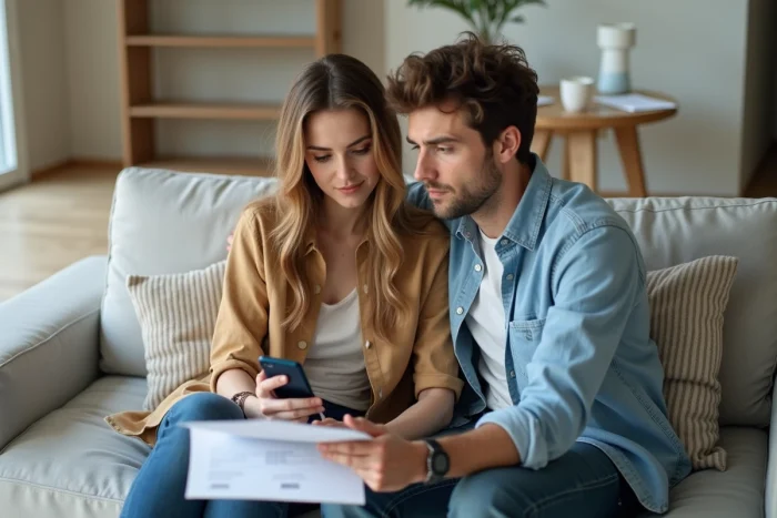 Couple discutant d'un prélèvement ADIS inconnu sur leur relevé bancaire commun