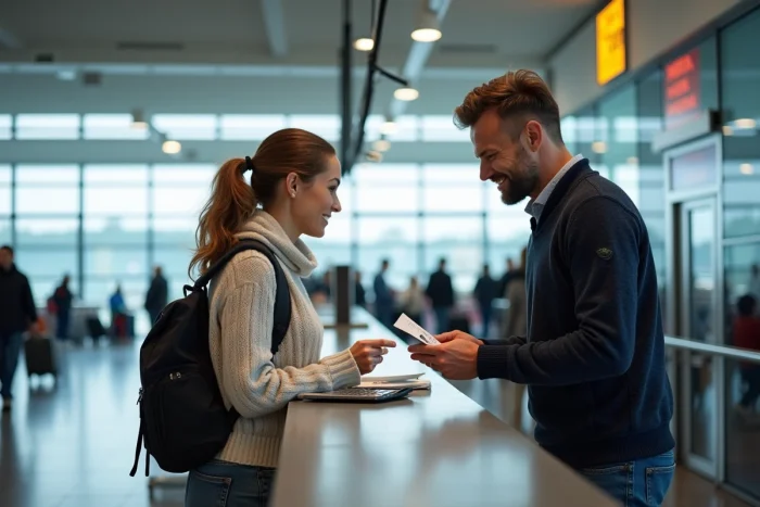 Couple utilisant des chèques vacances à un comptoir d'enregistrement Air France dans un aéroport