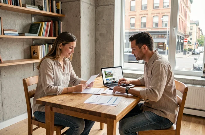 Couple étudiant des documents de comparaison de prix immobiliers sur une table en bois dans un appartement contemporain