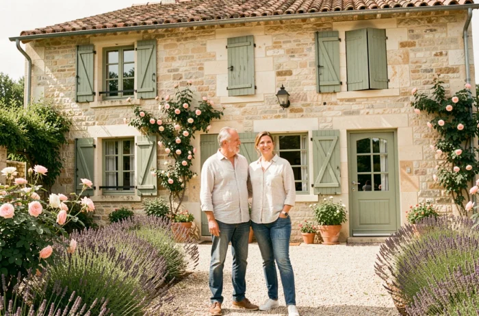 Couple devant une maison charentaise en pierre avec volets verts et cour ensoleillée en Charente