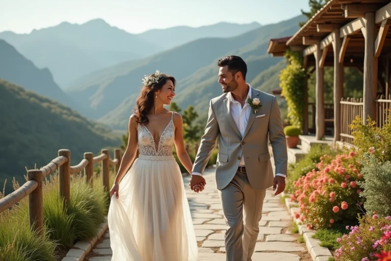 Couple joyeux en mariage multiculturel dans un jardin luxuriant