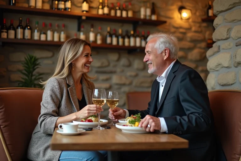 Couple chic dégustant un repas dans un bistro parisien