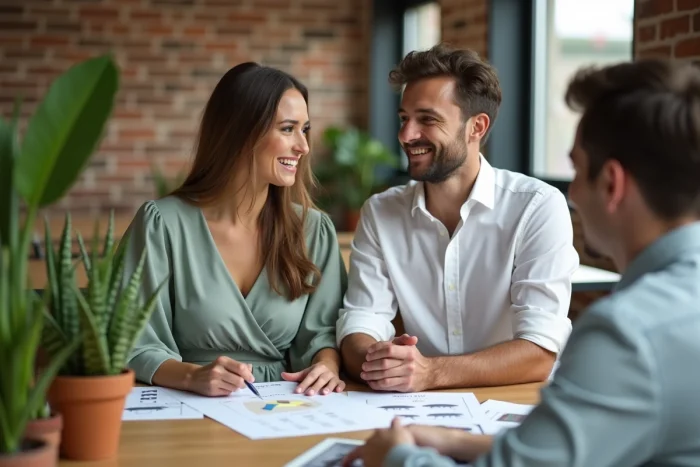 Couple de futurs mariés en réunion avec un wedding planner pour planifier leur mariage sans stress