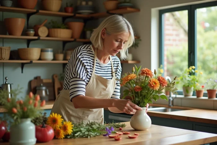 Femme arrangeant des fleurs fraîches dans une cuisine rustique décorée avec des étagères en bois et des pots en céramique