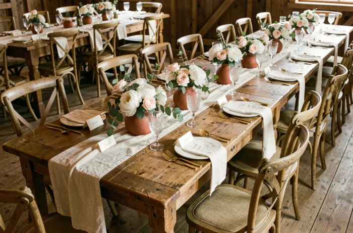 Décoration de table de mariage rustique avec des fleurs blanches et roses dans une grange en bois