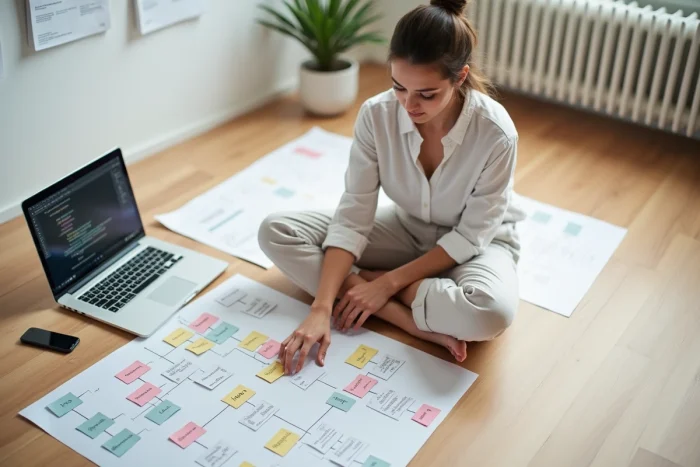 Designer UX organisant les pages d'un sitemap avec des fiches colorées sur le sol d'un studio minimaliste