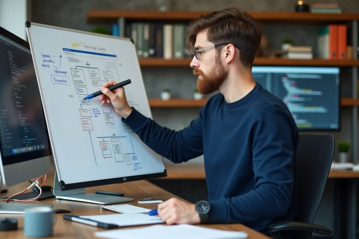 Développeur web masculin dessinant une structure de sitemap sur un tableau blanc dans un bureau moderne