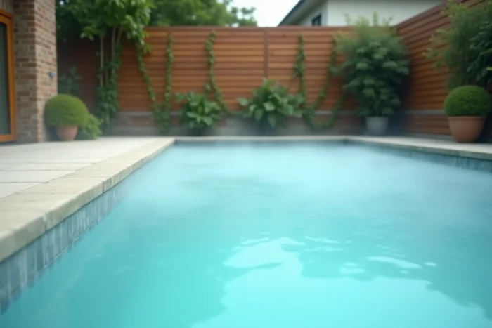 Piscine résidentielle avec eau bleue trouble et laiteuse vue en grand angle depuis la margelle