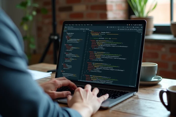 Écran d'ordinateur affichant un fichier XML de sitemap dans un éditeur de code avec des notes SEO sur un bureau en bois