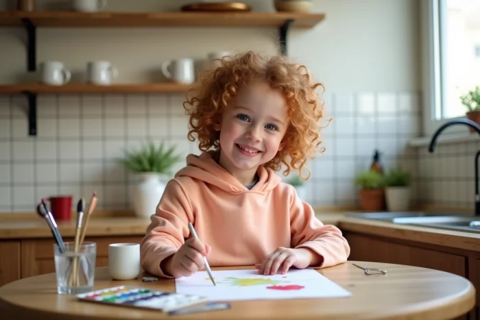 Jeune fille épanouie faisant de la peinture aquarelle à la table de cuisine, illustrant la créativité et le bien-être de l'enfant dans un cadre familial bienveillant