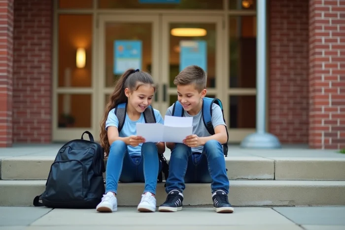 Deux enfants américains consultant leur calendrier scolaire devant leur école primaire
