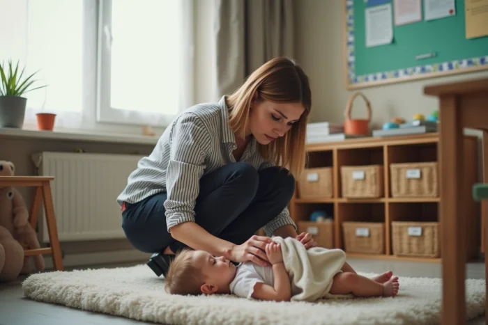 Enseignante de maternelle veillant sur un enfant pendant la sieste réglementaire en petite section