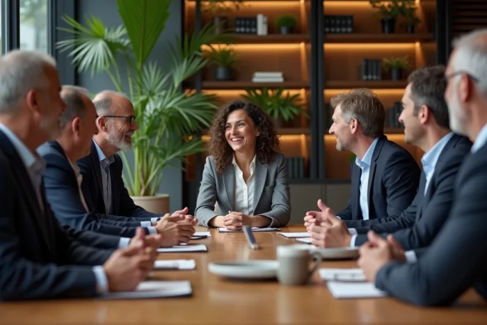 Groupe de dirigeants d'affaires en discussion dans un bureau élégant
