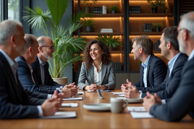 Groupe de dirigeants d'affaires en discussion dans un bureau élégant