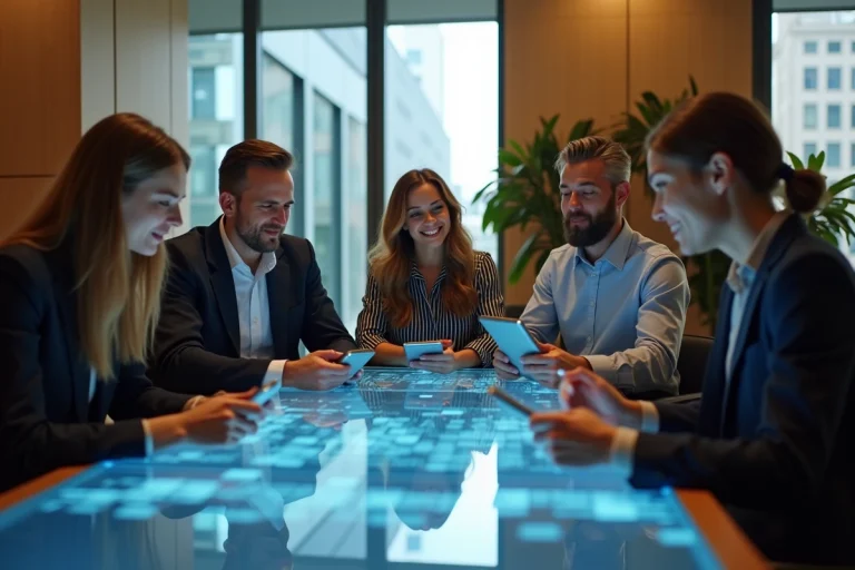 Groupe d'employes L'Oréal collaborant autour d'une table digitale