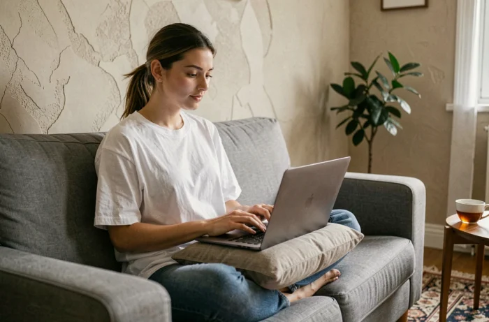 Jeune femme suivant les étapes pour récupérer son compte en ligne depuis son canapé à domicile