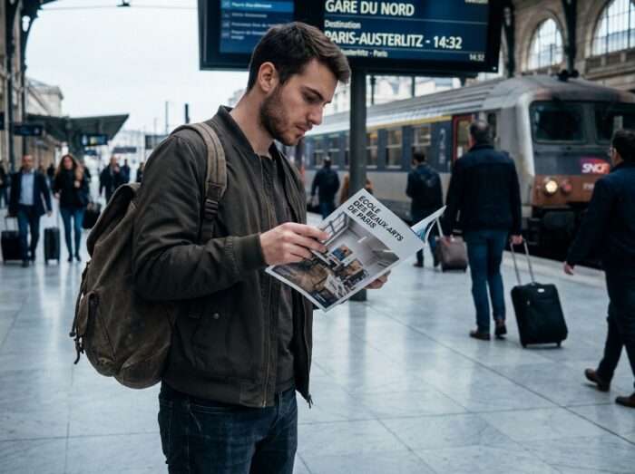 Jeune étudiant en art consultant une brochure d'école parisienne sur le quai d'une gare, hésitant entre Nantes et une grande métropole