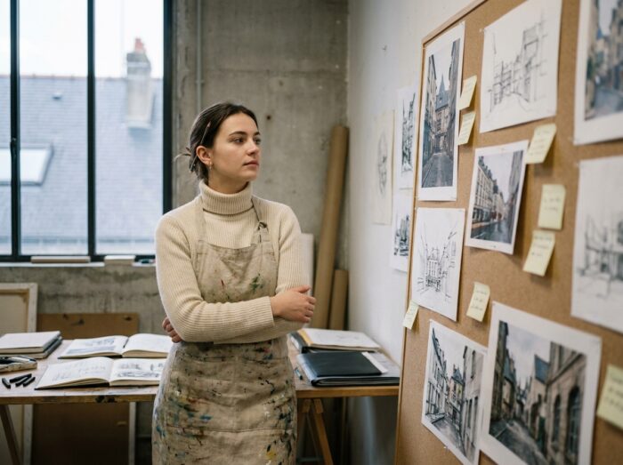 Étudiante en art devant un tableau de créations dans un atelier de Nantes, réfléchissant à son parcours scolaire artistique