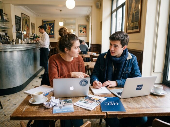 Deux étudiants en art comparant des brochures d'écoles dans un café français, discutant du choix entre Nantes et Paris