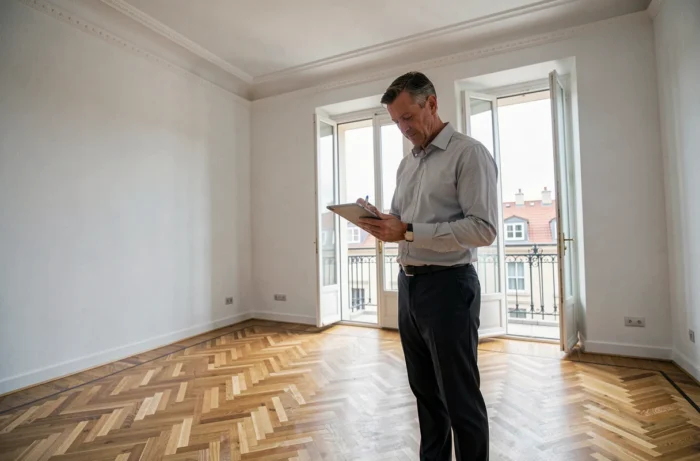 Expert immobilier évaluant un appartement vide avec parquet en chevrons et grandes portes-fenêtres donnant sur un balcon