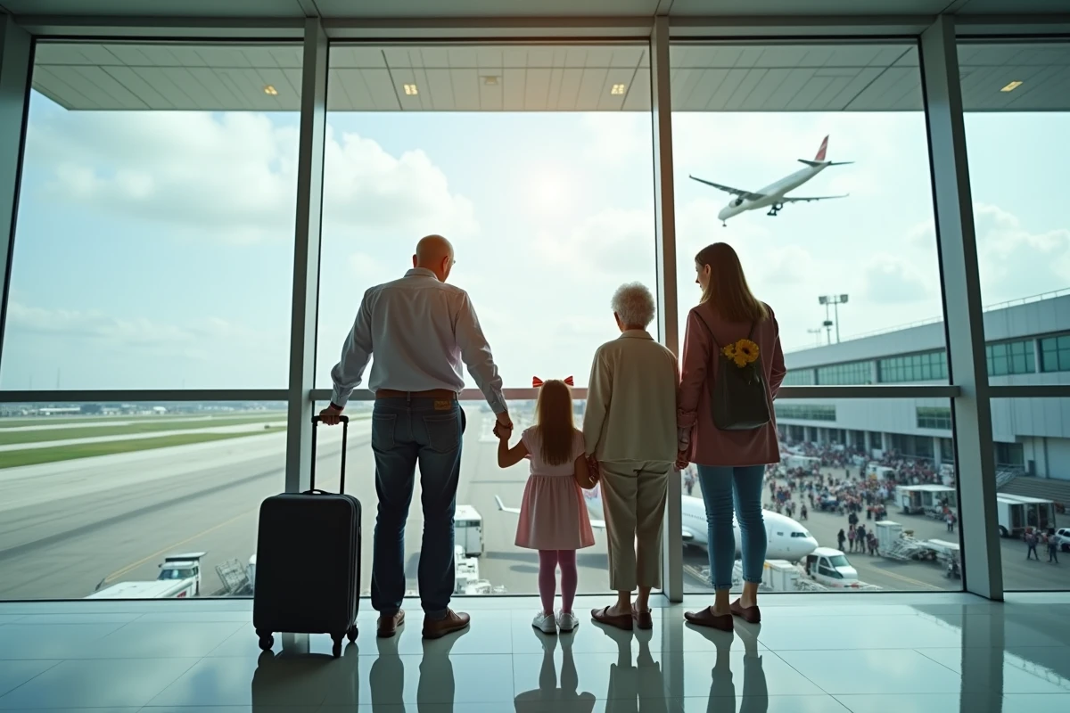 Famille souriante regardant les avions à l