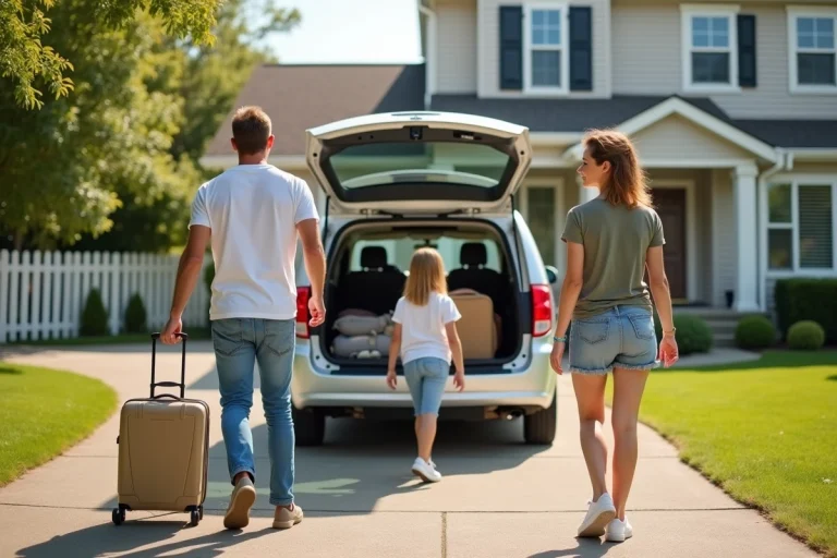 Famille américaine préparant ses valises pour les vacances scolaires devant leur maison de banlieue