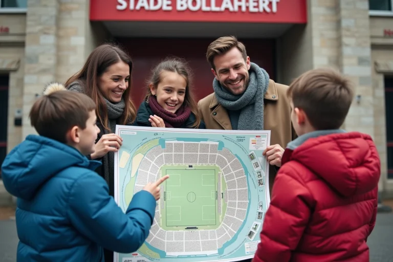 Famille souriante devant la carte du stade Bollaert