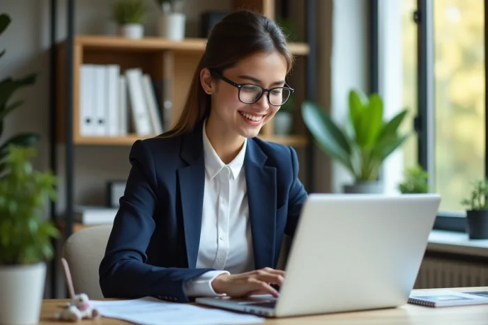 Jeune femme d'affaires souriante devant son ordinateur