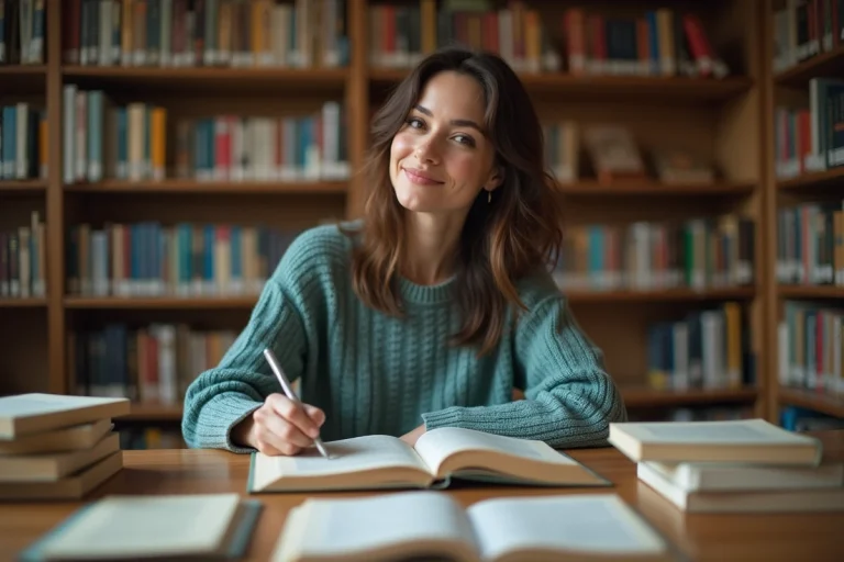 Femme dans une bibliothèque prenant des notes sur des livres variés pour enrichir ses connaissances
