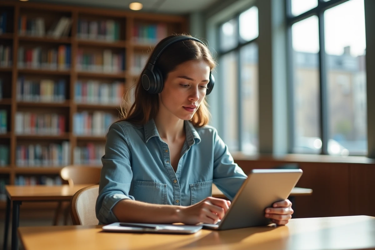 Femme étudiant dans une bibliothèque urbaine avec tablette
