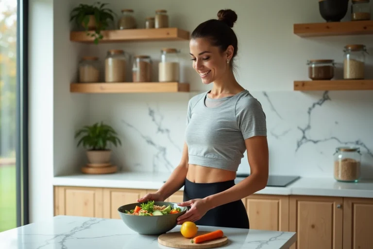 Femme préparant une salade saine et équilibrée dans une cuisine moderne pour une démarche minceur naturelle