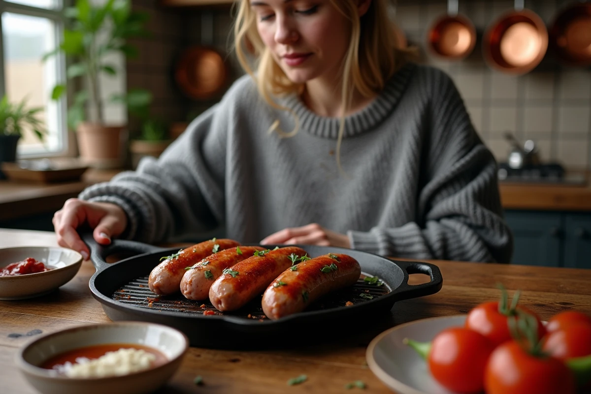 Jeune femme préparant des merguez sur une plancha