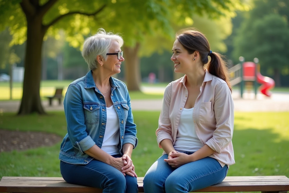 Femme discutant avec une jeune maman dans un parc verdoyant