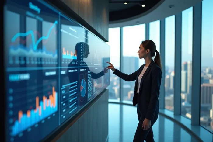 Femme professionnelle interagissant avec un écran tactile affichant des tableaux de bord d'intelligence artificielle dans un laboratoire d'innovation