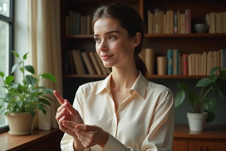 Femme élégante examine sa main avec un sourire contemplatif