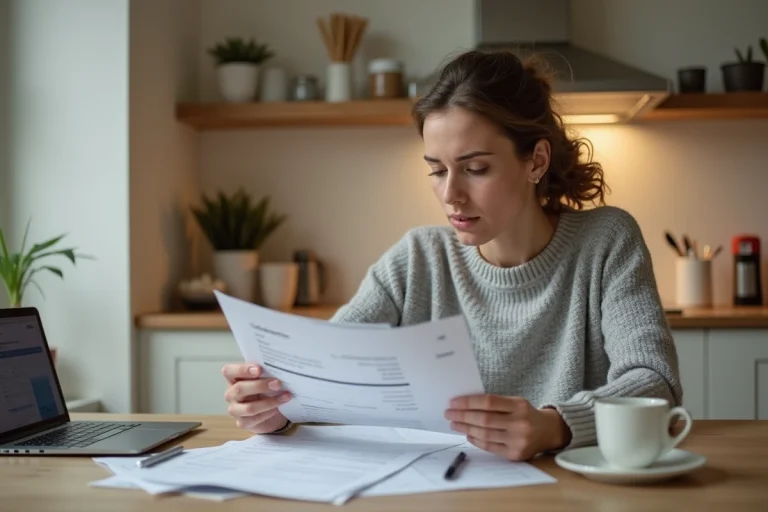 Femme examinant un relevé bancaire à la recherche d'un prélèvement ADIS non reconnu